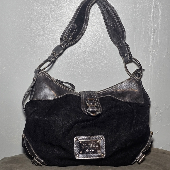 Y2K GUESS slouchy hobo bag  black jacquard monogram with chunky silver Hardware - Picture 1 of 6